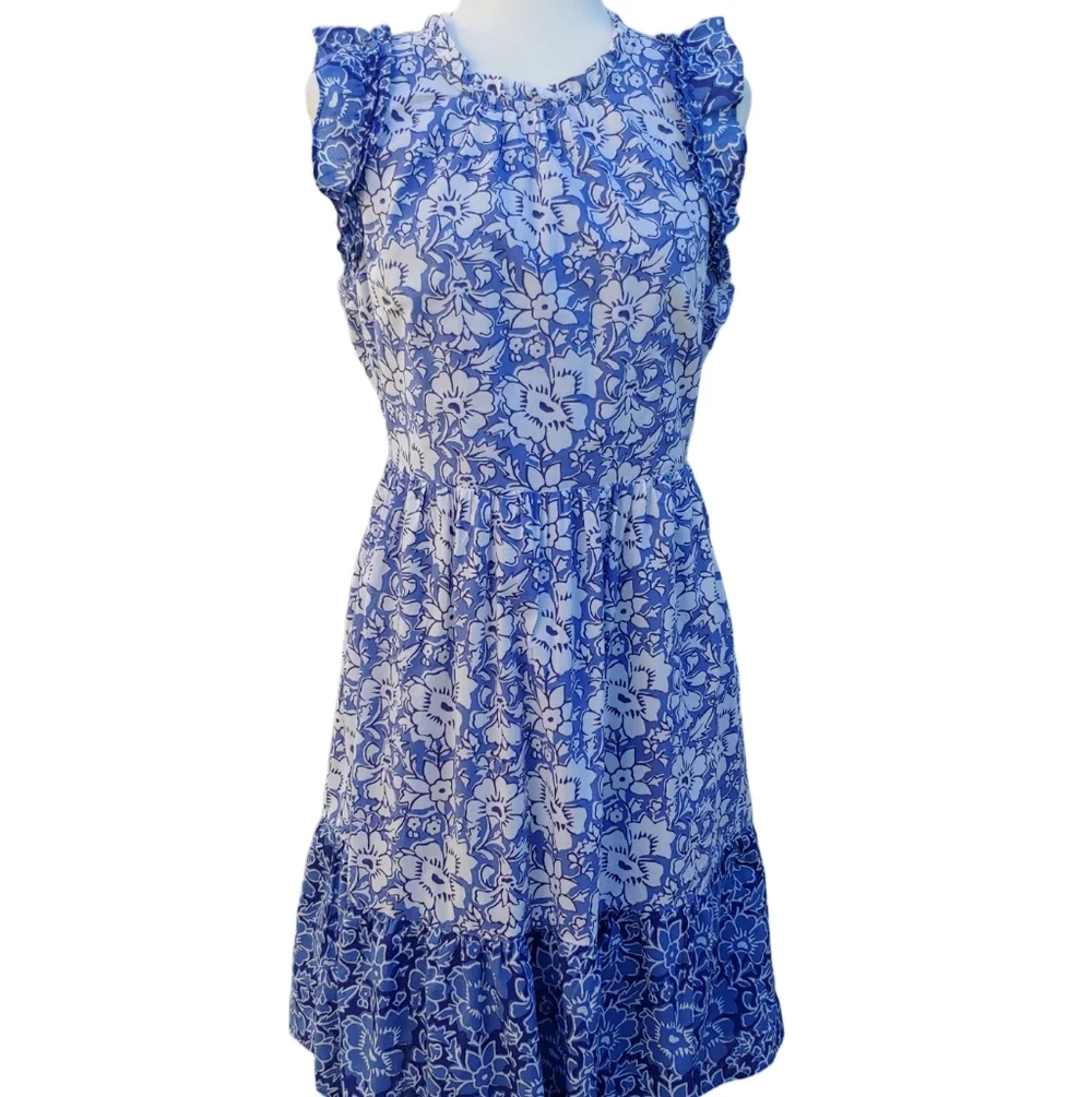 J. Crew Cotton Tiered Ruffle Midi Dress Blue Floral Women's size 10 - Picture 16 of 17
